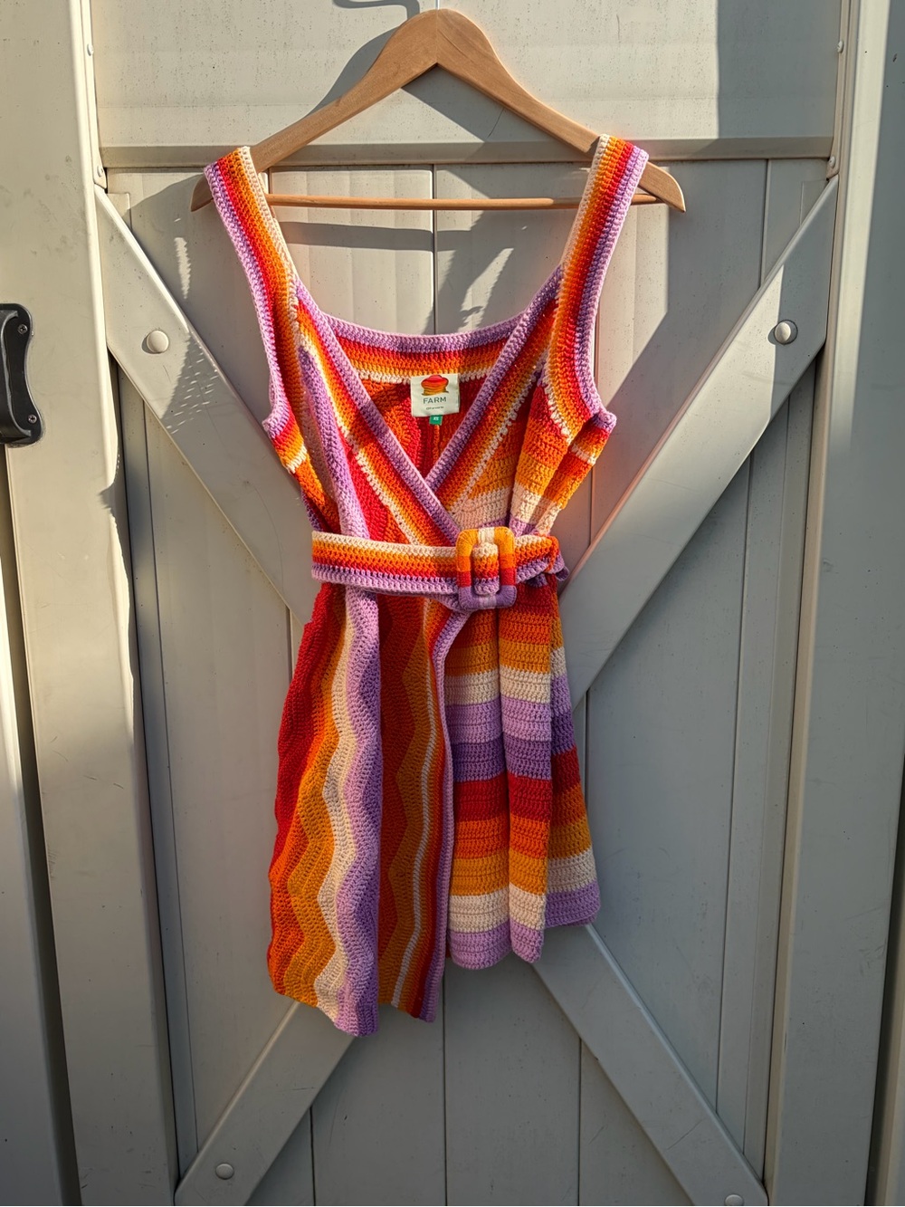 FARM Rio Crochet Belted Wrap Dress in Red, Orange, Pink, Purple & Cream